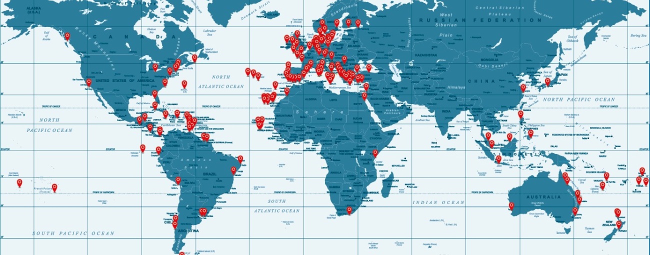 Weltkarte mit allen Stützpunkten des Trans-Oceans